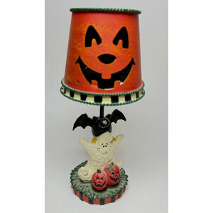 Kohl's 9" Pumpkin Ghost & Bat Halloween Tea Light Holder w/ Shade Lantern Resin